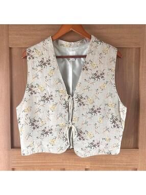 Gap Vintage 90’s 100% Linen Floral Tie Front Cropped Vest Women’s size Large